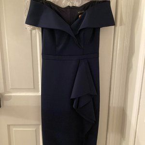 Xscape Ruffle Scuba Off the Shoulder Cocktail Midi Dress